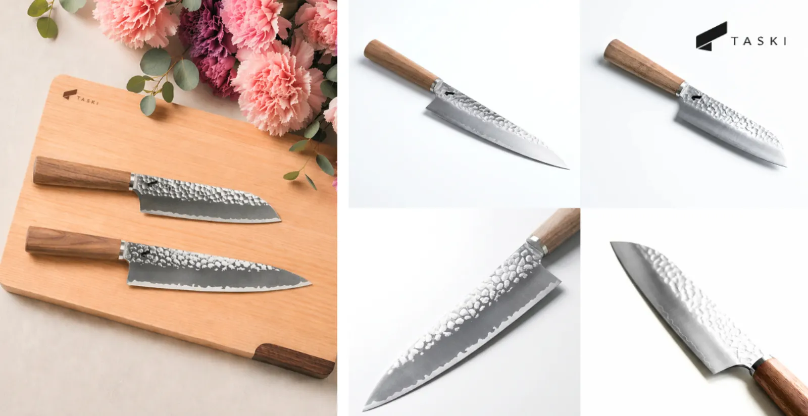 Taski Premium Chef Knife and Santoku Knife arranged on a wooden cutting board